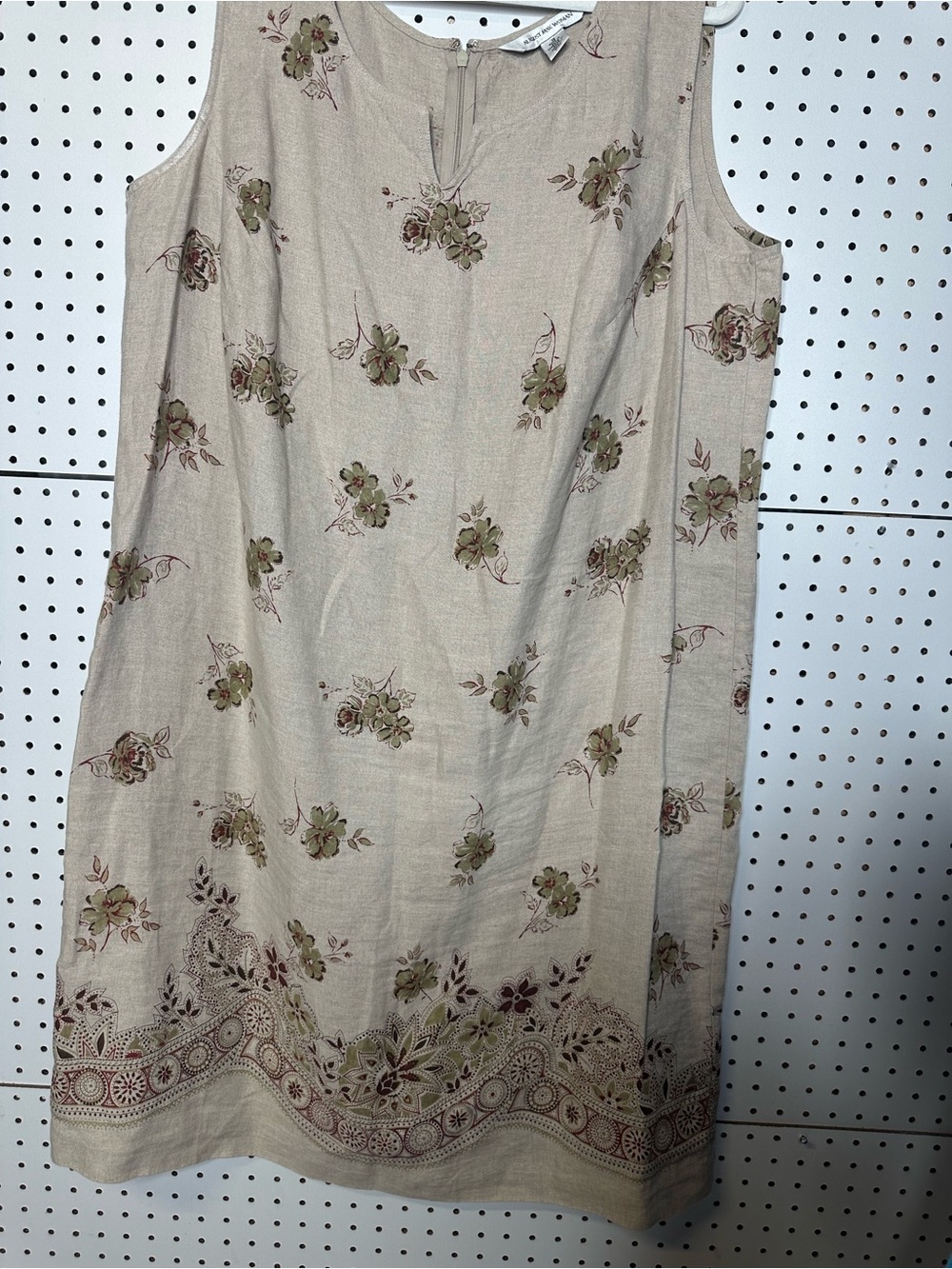 Sleeveless Beige Floral Shift Dress 100%linen 1X